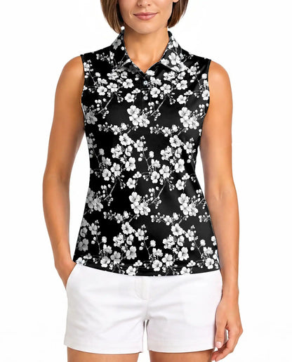 Monochrome Floral Sleeveless Polo Shirt for Women | Azhawaiian