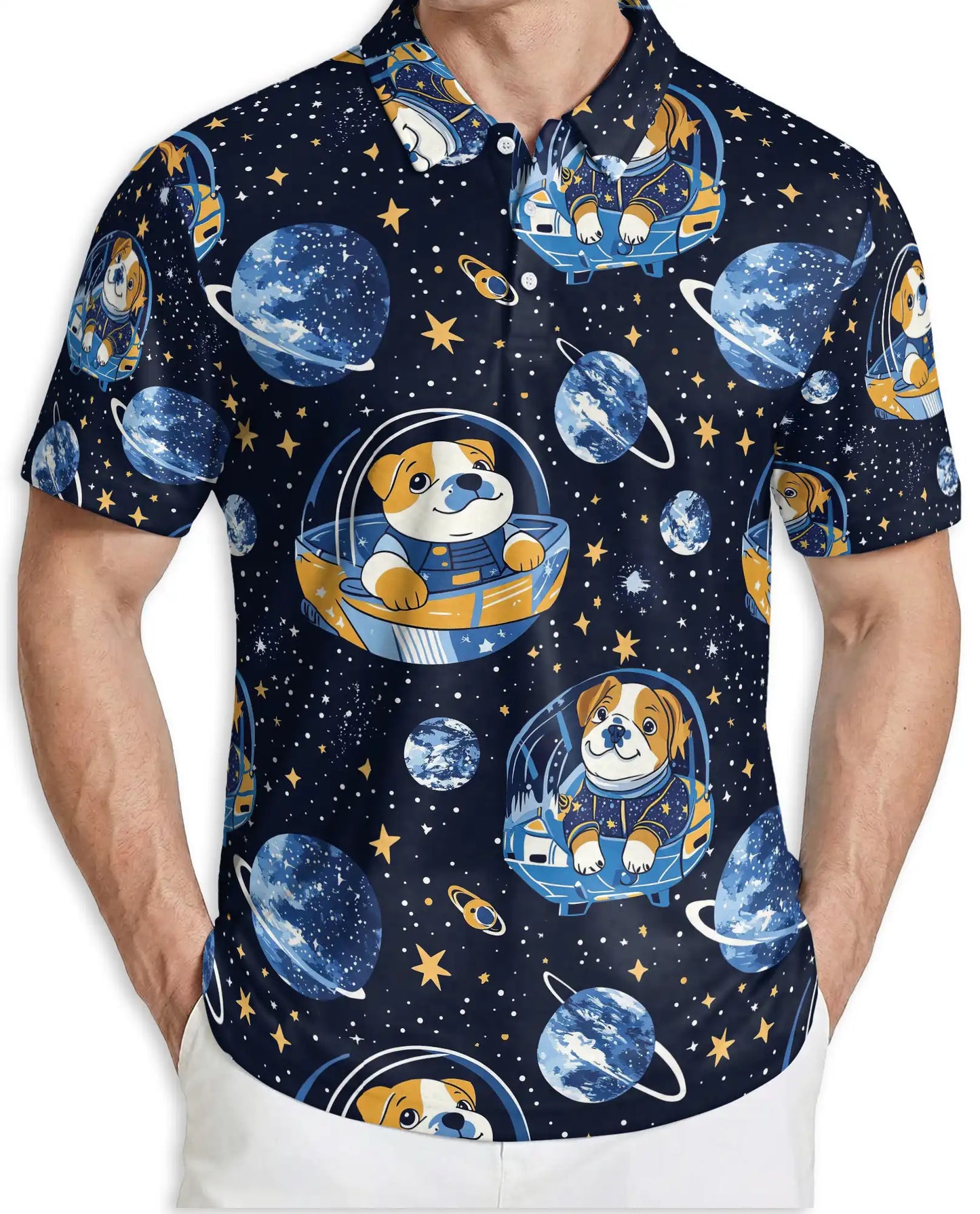 Cute Astronaut Dog 3D Polo Shirt for Men, Space Galaxy Cartoon Style | Azhawaiian