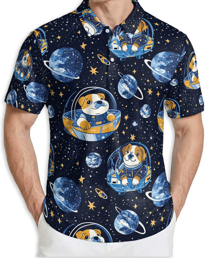 Cute Astronaut Dog 3D Polo Shirt for Men, Space Galaxy Cartoon Style | Azhawaiian
