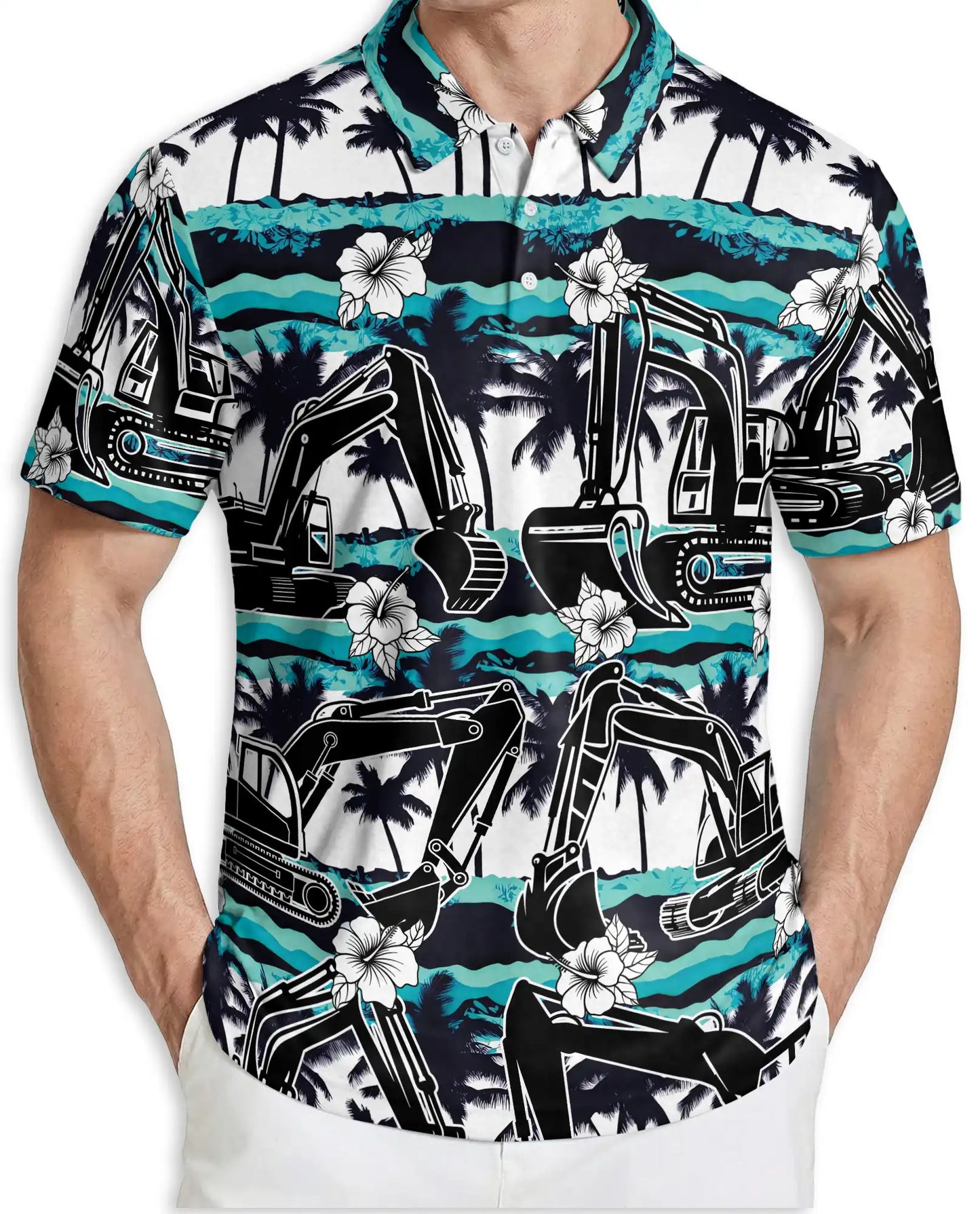 Excavator Tropical Polo Shirt, Construction Beach Print | Azhawaiian