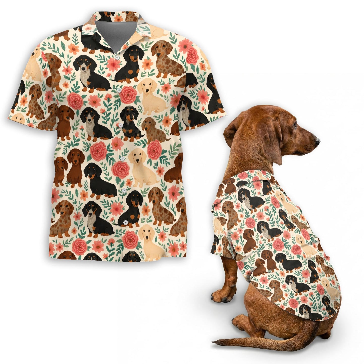 Floral Dachshund Matching Dog Owner Hawaiian Shirts, Funny Pet Aloha Shirt for Beach Vacation - Azhawaiian