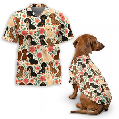 Floral Dachshund Matching Dog Owner Hawaiian Shirts, Funny Pet Aloha Shirt for Beach Vacation - Azhawaiian