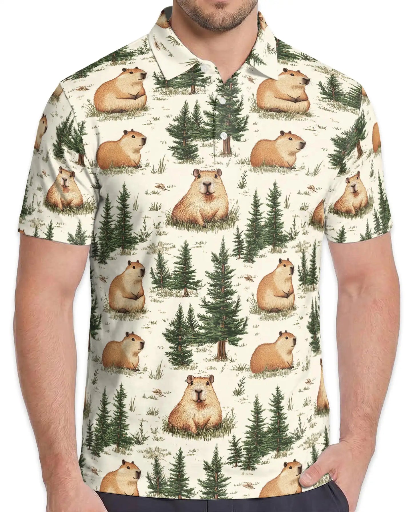 Capybara Forest Polo Shirt for Men-Cute Woodland Animal Nature | Azhawaiian