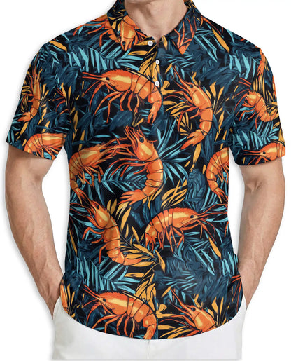 Tropical Shrimp Seafood 3D Polo Shirt for Men, Coastal Ocean Hawaiian Style | Azhawaiian
