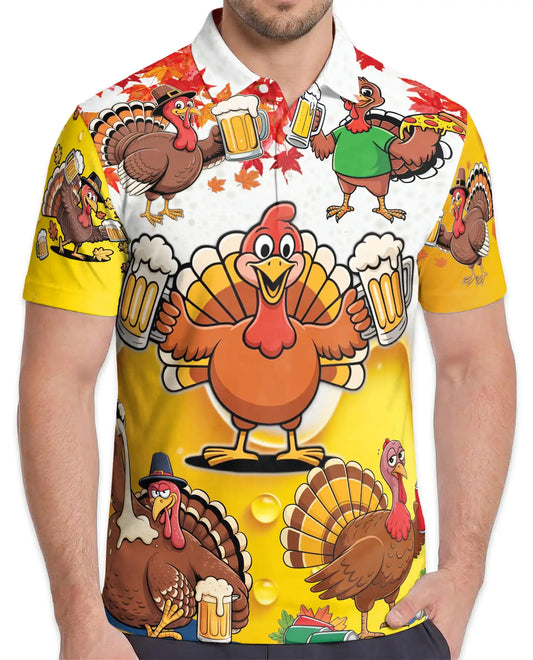 Funny Turkey Beer Polo Shirt, Thanksgiving Party Style | Azhawaiian