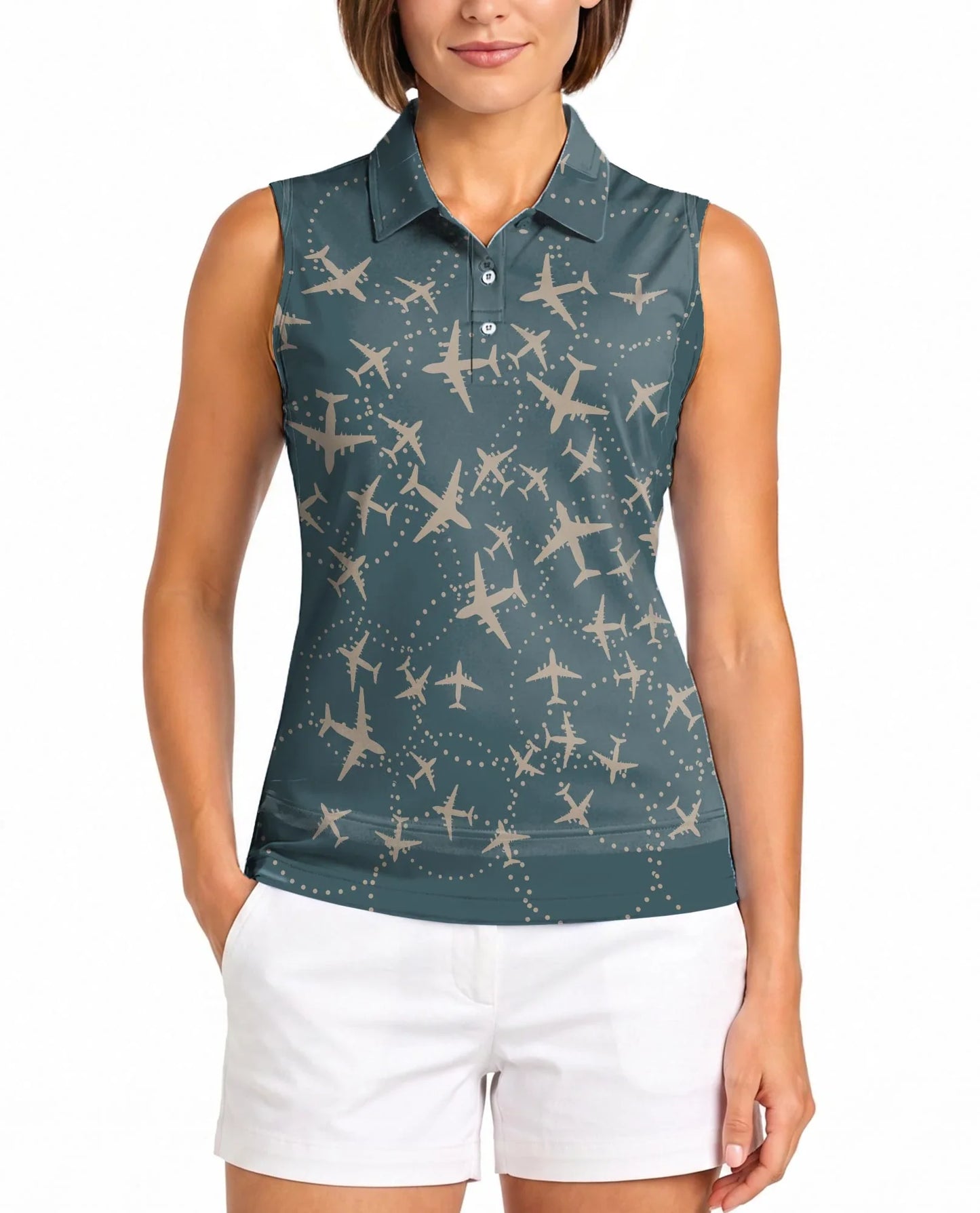 Airplane Pattern Sleeveless Polo Shirt for Women | Azhawaiian