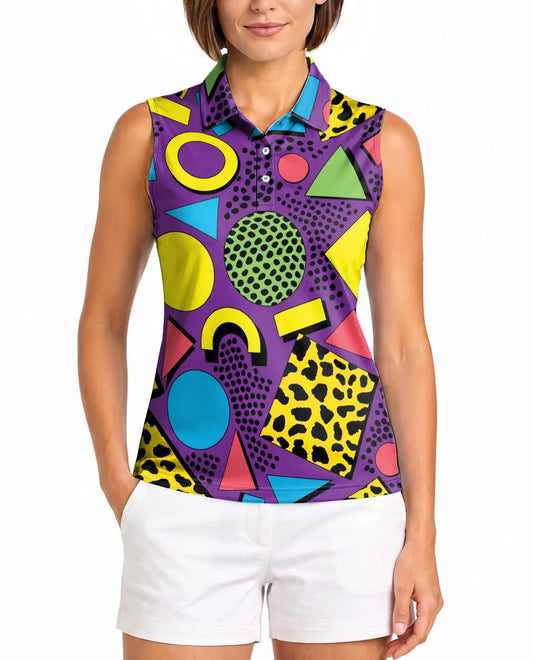 Retro Abstract Shapes Pattern Sleeveless Polo Shirt for Women | Azhawaiian
