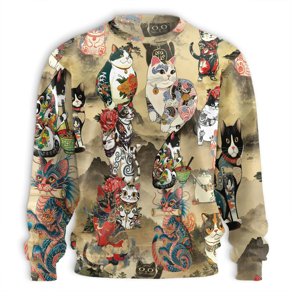Japanese Cat Tattoo Sweatshirt – Colorful Graphic 3D All Over Print Design