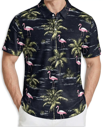 Flamingo Tropical Polo Shirt for Men, Island Beach Style | Azhawaiian