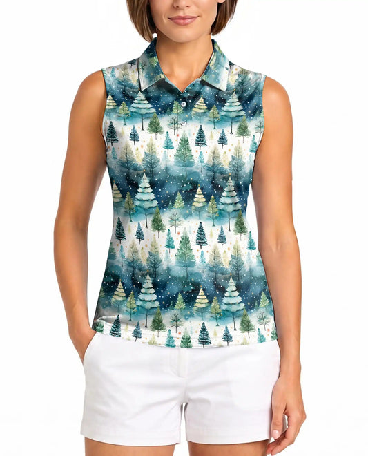 Christmas Tree Sleeveless Polo Shirt for Women, Festive Holiday Style | Azhawaiian