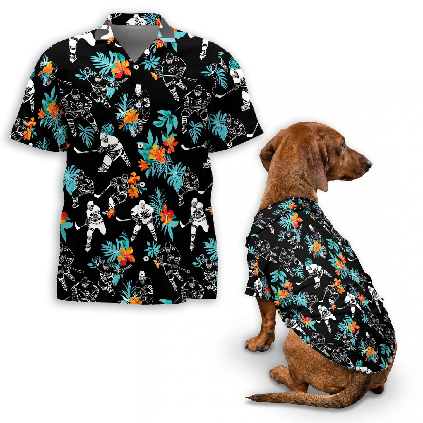 Hockey Matching Dog Owner Hawaiian Shirts, Funny Pet Aloha Shirt for Beach Vacation - Azhawaiian