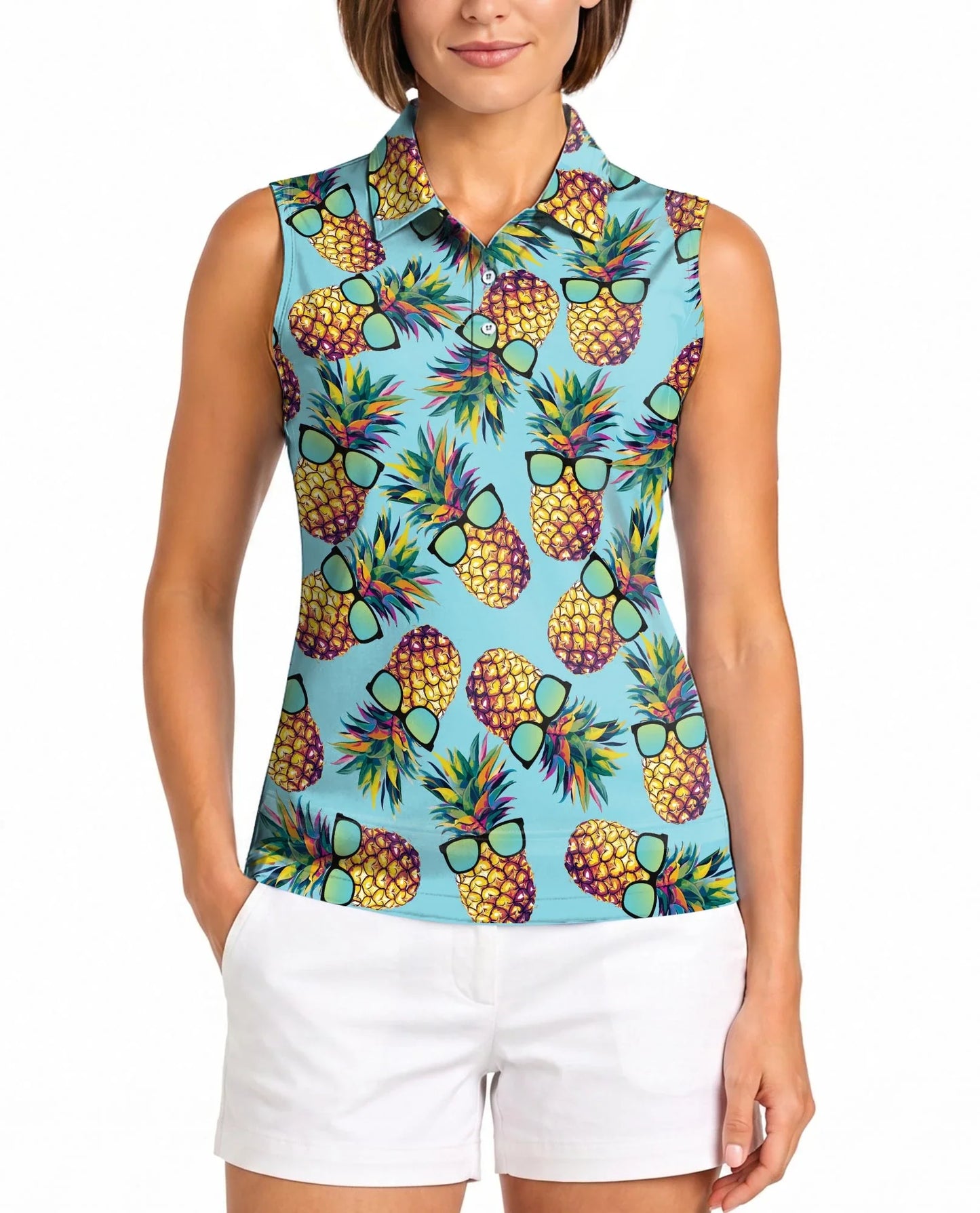 Pineapple Wearing Sunglasses Tropical Sleeveless Polo Shirt for Women | Azhawaiian