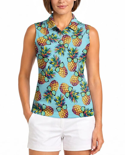 Pineapple Wearing Sunglasses Tropical Sleeveless Polo Shirt for Women | Azhawaiian