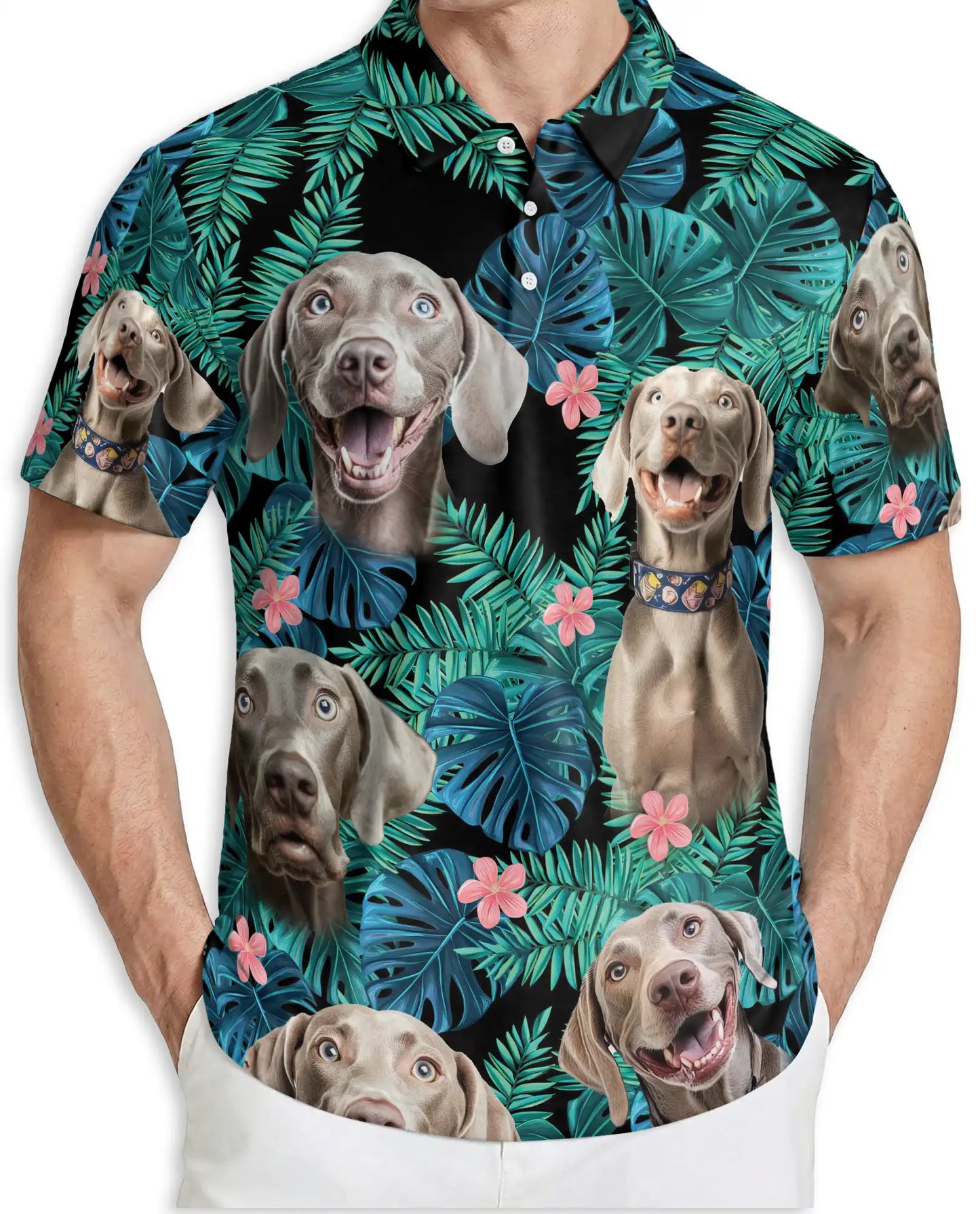 Weimaraner Tropical Polo Shirt, Jungle Leaf Print | Azhawaiian