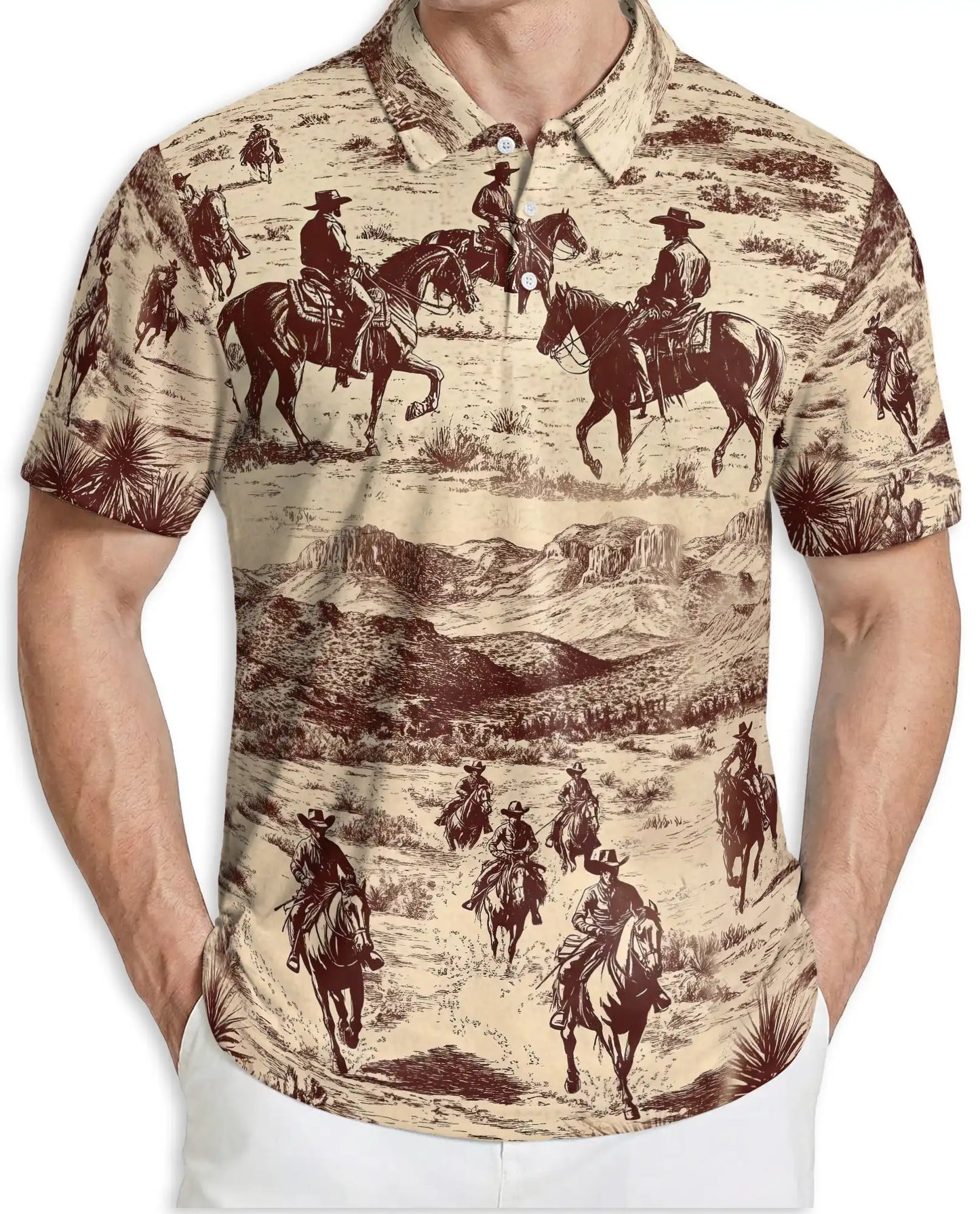 Vintage Cowboy Western 3D Polo Shirt for Men, Rustic Ranch Desert Style | Azhawaiian