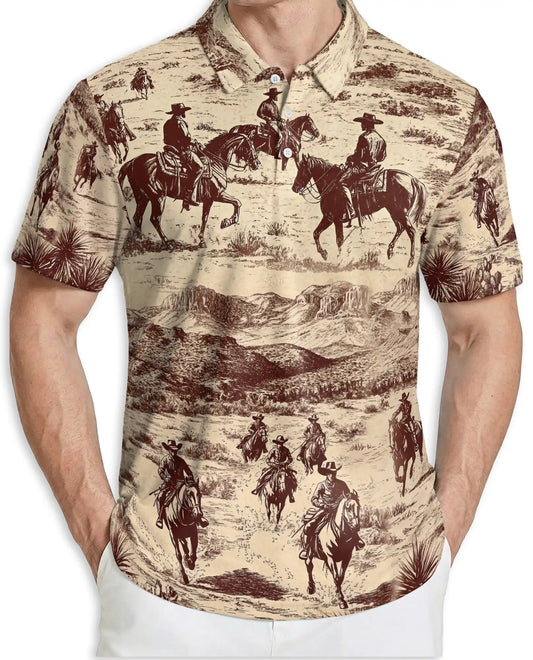 Vintage Cowboy Western 3D Polo Shirt for Men, Rustic Ranch Desert Style | Azhawaiian
