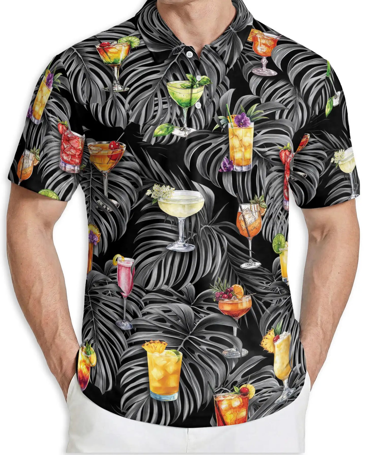 Tropical Cocktail Polo Shirt, Monstera Leaf Print | Azhawaiian