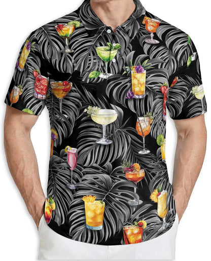 Tropical Cocktail Polo Shirt, Monstera Leaf Print | Azhawaiian
