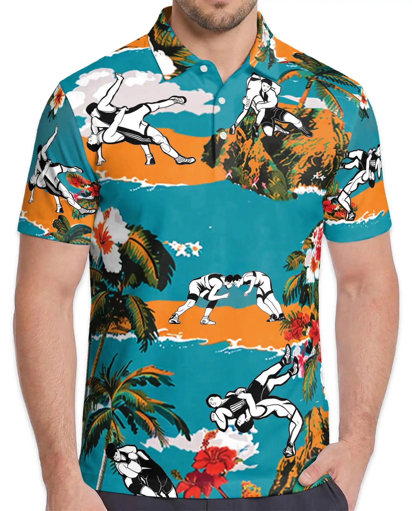 Wrestling Tropical Polo Shirt - Hawaiian Wrestler Beach Sports Design | Azhawaiian