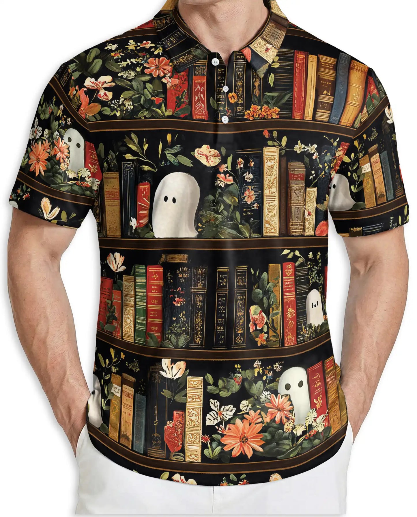 Ghost Library 3D Polo Shirt for Men, Vintage Floral Bookcase Style | Azhawaiian