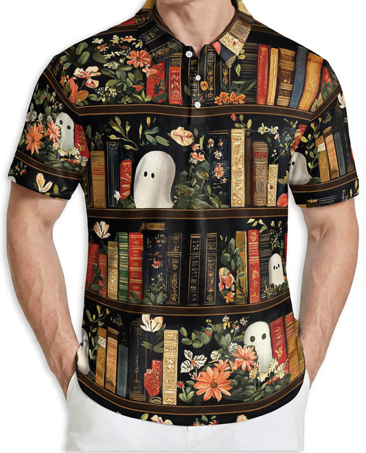 Ghost Library 3D Polo Shirt for Men, Vintage Floral Bookcase Style | Azhawaiian