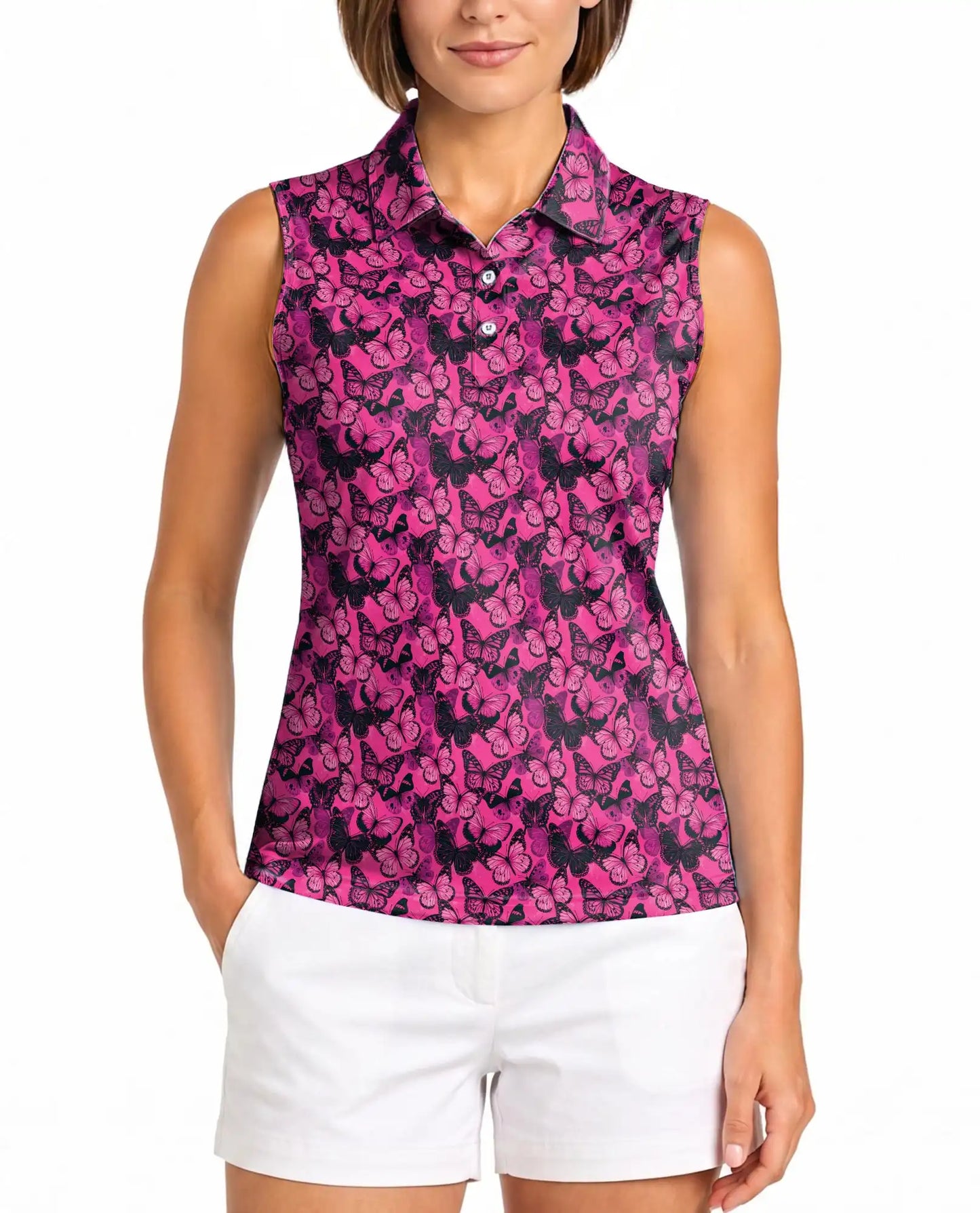 Pink Butterfly Print Sleeveless Polo Shirt for Women | Azhawaiian