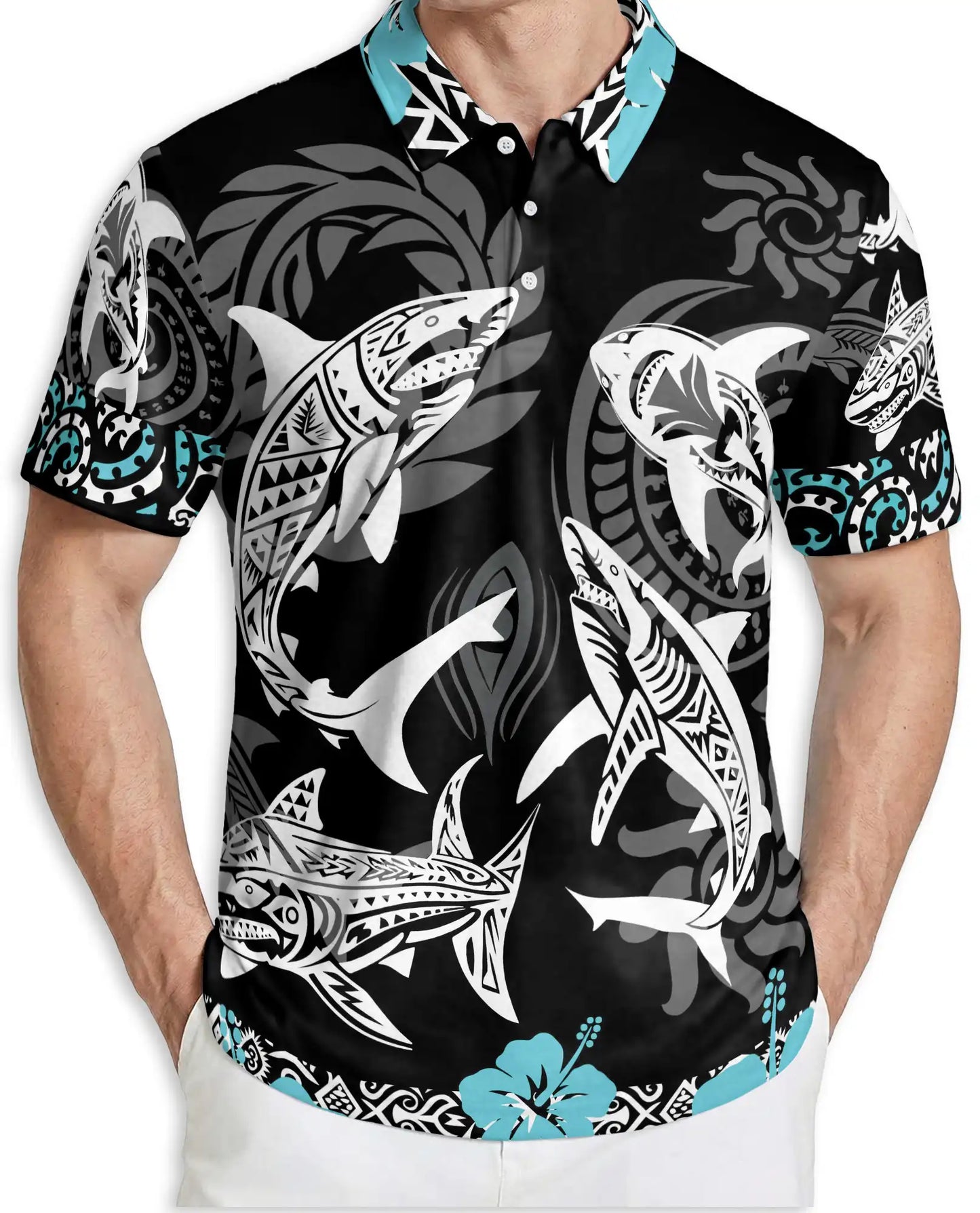Tribal Shark Polo Shirt, Polynesian Ocean Art Design | Azhawaiian