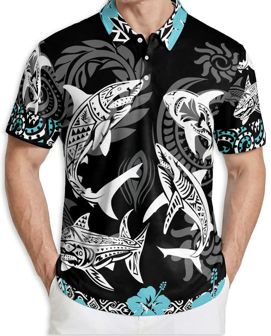 Tribal Shark Polo Shirt, Polynesian Ocean Art Design | Azhawaiian