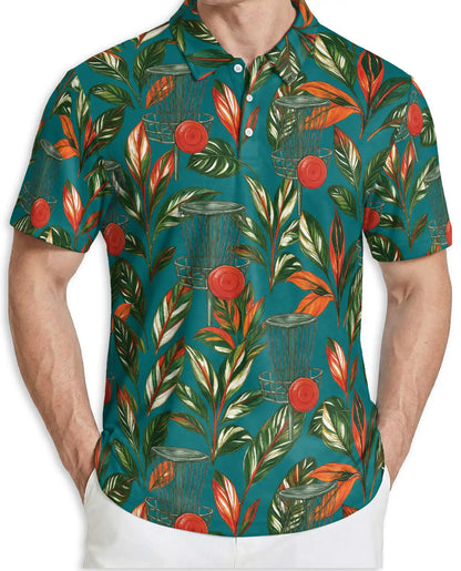 Tropical Disc Golf Polo Shirt, Island Basket & Botanical Print | Azhawaiian