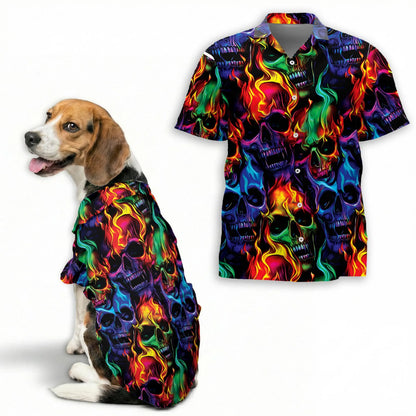 Flame Skull Fire Pattern Matching Dog Owner Hawaiian Shirts, Funny Pet Aloha Shirt for Beach Vacation - Azhawaiian