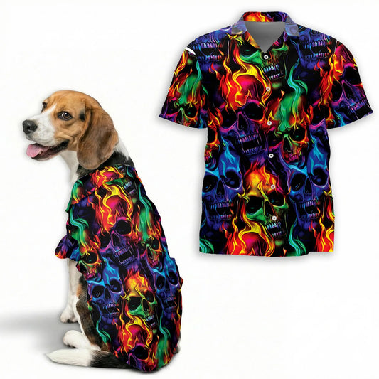 Flame Skull Fire Pattern Matching Dog Owner Hawaiian Shirts, Funny Pet Aloha Shirt for Beach Vacation - Azhawaiian