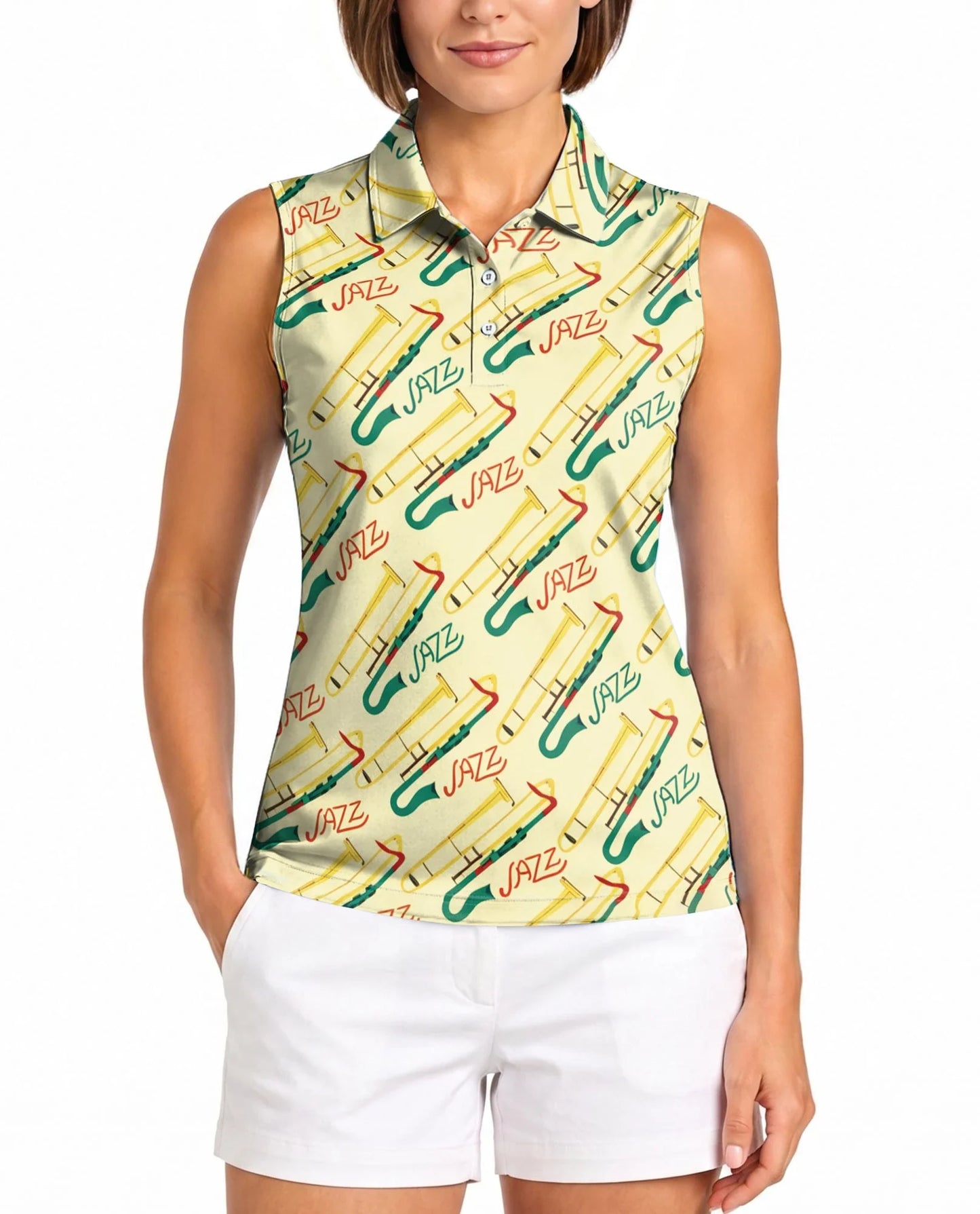 Jazz Music Instrument Pattern Sleeveless Polo Shirt for Women