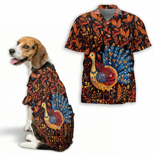 Folk Art Turkey Thanksgiving Pattern Matching Dog Owner Hawaiian Shirts, Funny Pet Aloha Shirt for Beach Vacation - Azhawaiian