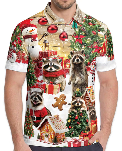 Christmas Raccoon 3D Polo Shirt for Men, Funny Holiday Animal Style | Azhawaiian