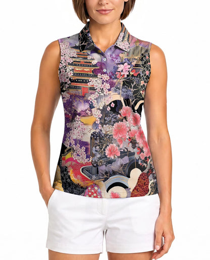 Japanese Ukiyo-e Sakura Cherry Blossom Sleeveless Polo Shirt for Women | Azhawaiian