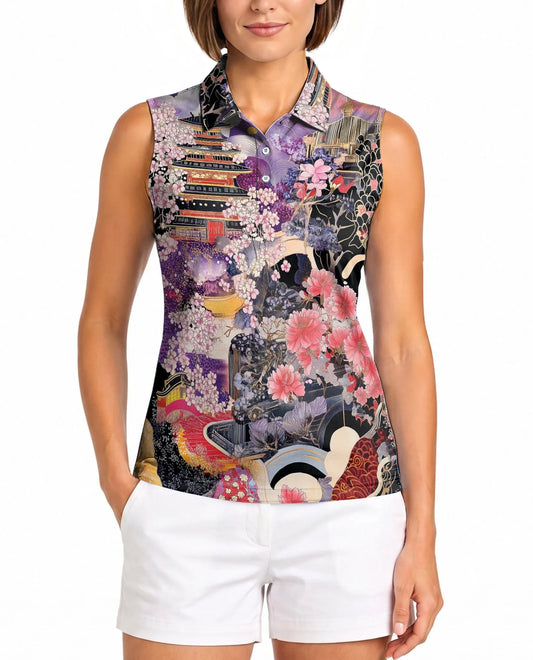 Japanese Ukiyo-e Sakura Cherry Blossom Sleeveless Polo Shirt for Women | Azhawaiian