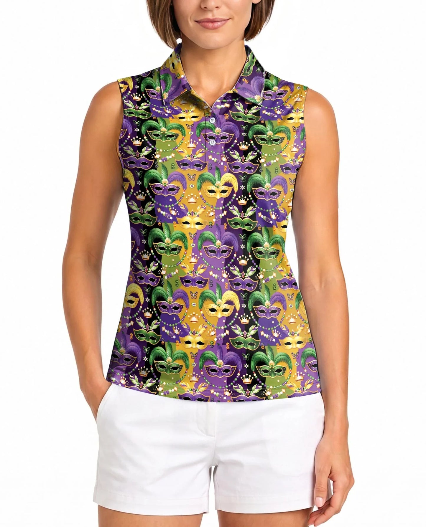Mardi Gras Mask Sleeveless Polo Shirt for Women | Azhawaiian