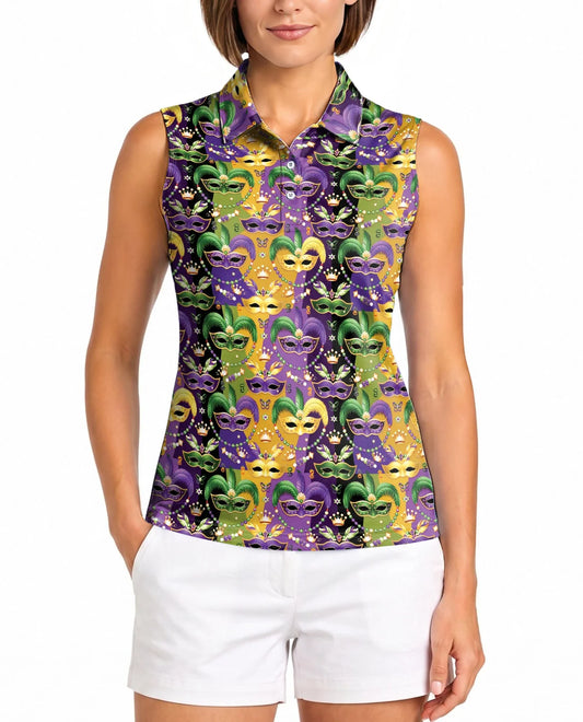 Mardi Gras Mask Sleeveless Polo Shirt for Women | Azhawaiian