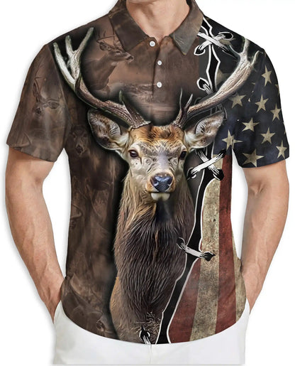 Deer Hunting Polo Shirt, American Flag Buck Print | Azhawaiian