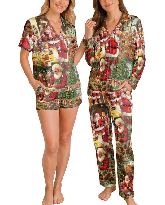 Vintage Santa Toy Workshop Pajama Set for Women – Christmas Print