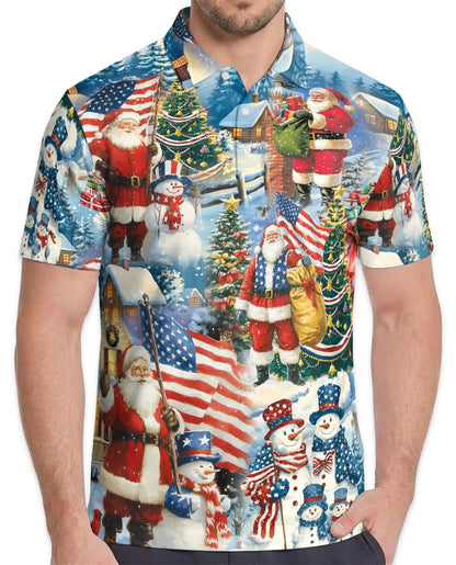 Patriotic Christmas Santa Polo Shirt for Men- Patten American Flag Santa | Azhawaiian