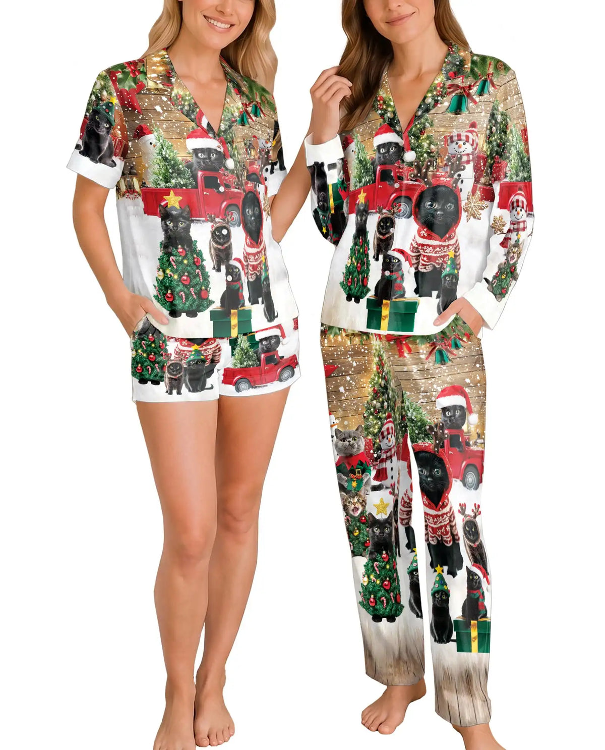 Black Cat Christmas Pajama Set for Women – Red Truck & Snowman Print