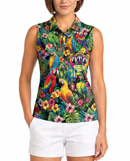 Funny Parrot Tropical Sleeveless Polo Shirt for Women | Azhawaiian