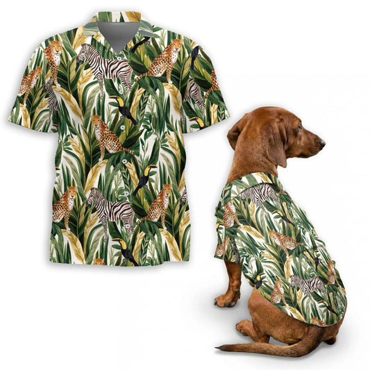 Tropical Summer Wild Animals and Plants Beach Matching Dog Owner Hawaiian Shirts, Pet Aloha Shirt - Azhawaiian