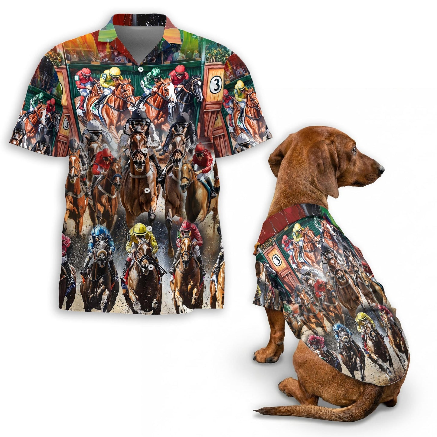 Colorful Horse Racing Matching Dog Owner Hawaiian Shirts, Funny Pet Aloha Shirt for Beach Vacation - Azhawaiian
