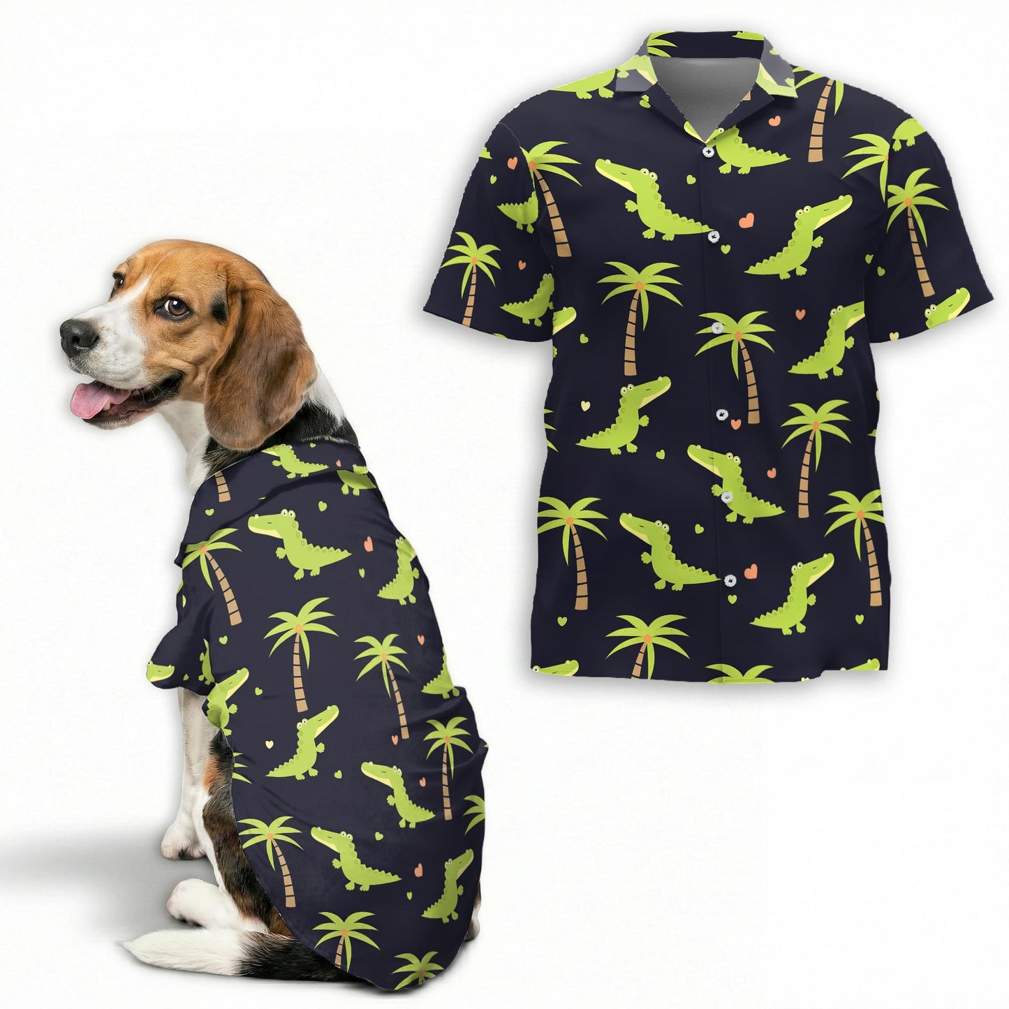 Cute Alligator Tropical Pattern Matching Dog Owner Hawaiian Shirts, Funny Pet Aloha Shirt for Beach Vacation - Azhawaiian