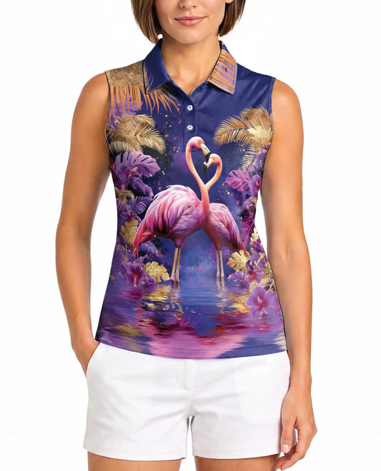 Tropical Pair of Pink Flamingos Sleeveless Polo Shirt for Women | Azhawaiian