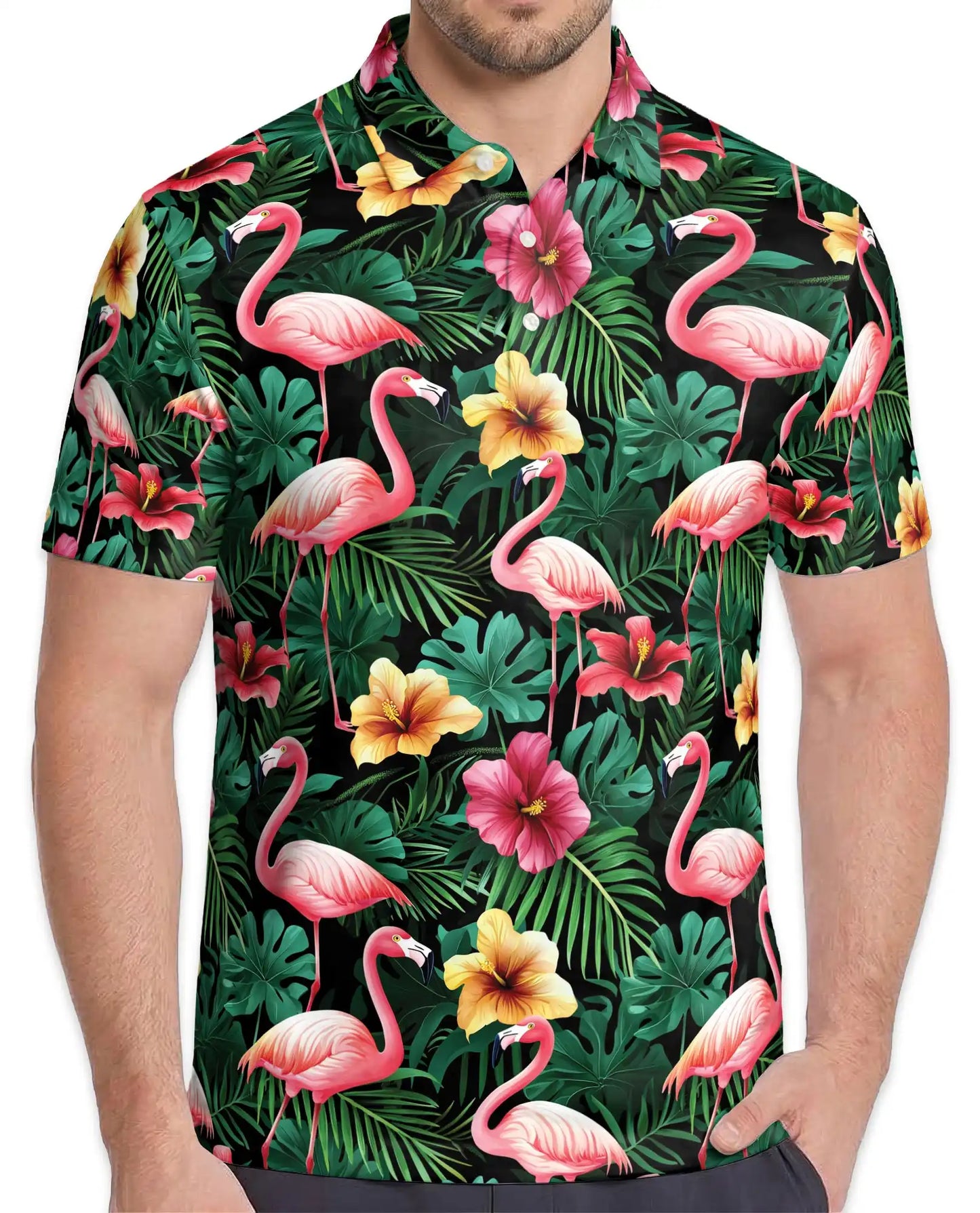 Flamingo Hawaiian Polo Shirt, Tropical Floral Style | Azhawaiian