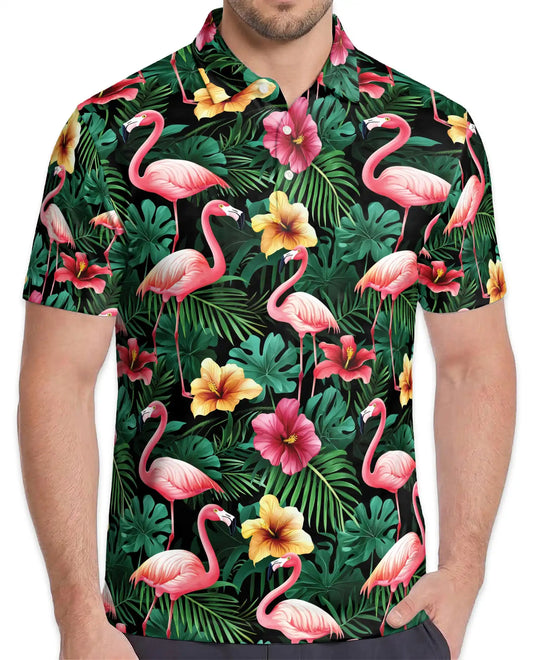 Flamingo Hawaiian Polo Shirt, Tropical Floral Style | Azhawaiian