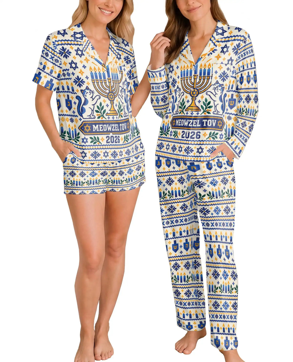 Personalized Hanukkah Cat Pajama Set for Women – Custom Name & Year Menorah Print
